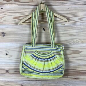 Mexican Woven Tote Bag Yellow Striped Boho Handcrafted Shoulder Bag Artsy Beachy